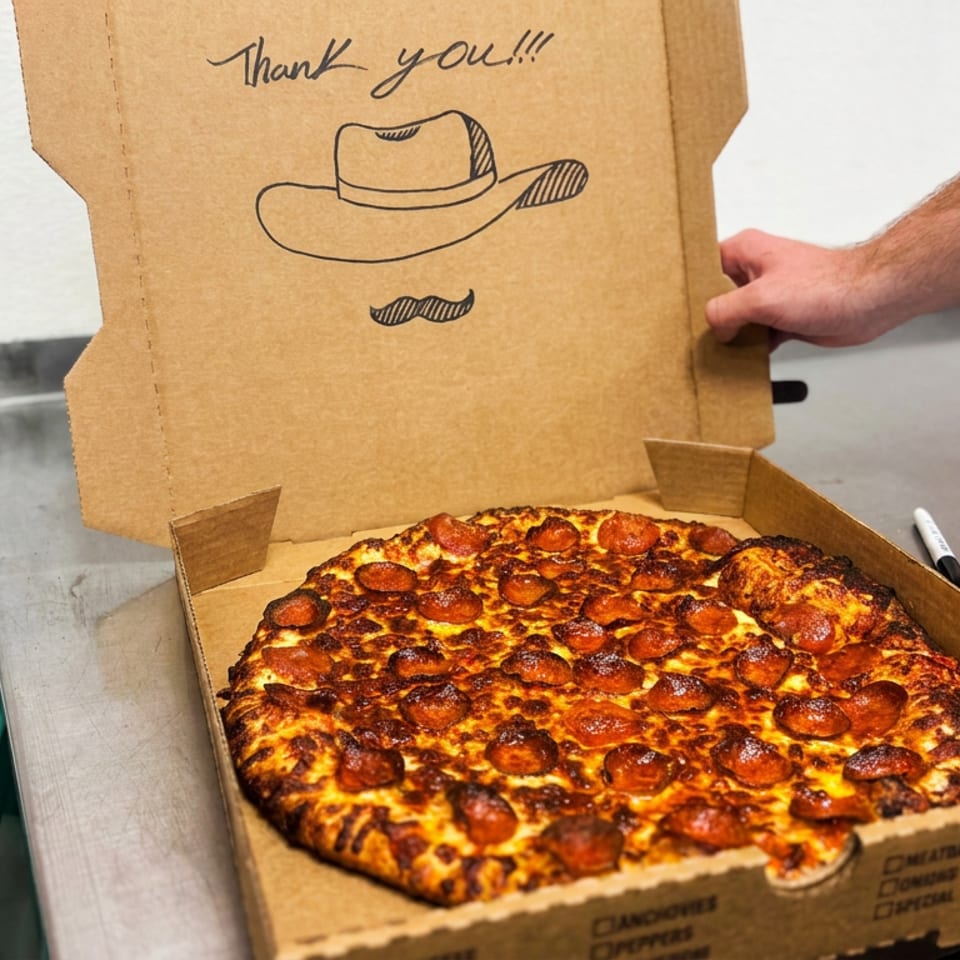 Pepperoni pizza in an open cardboard box on a restaurant counter, with a thank-you cowboy hat illustration inside the lid.