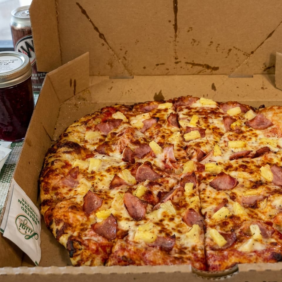Open pizza box holding a sliced Hawaiian pizza with ham and pineapple, accompanied by jam jars, canned drinks, and condiment packets.