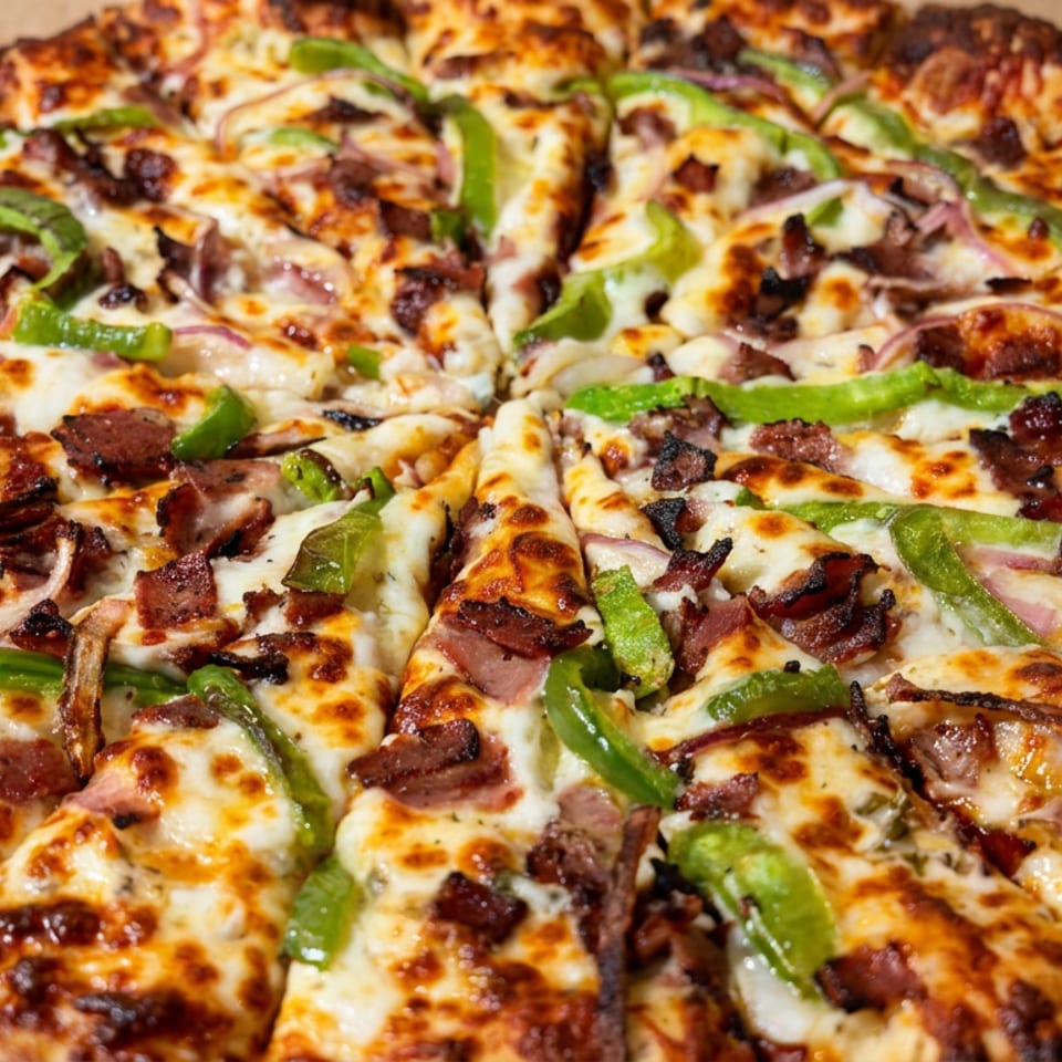 Close-up of a sliced, cheese-covered pizza topped with green peppers, onions, mushrooms, and assorted meats in a cardboard box.
