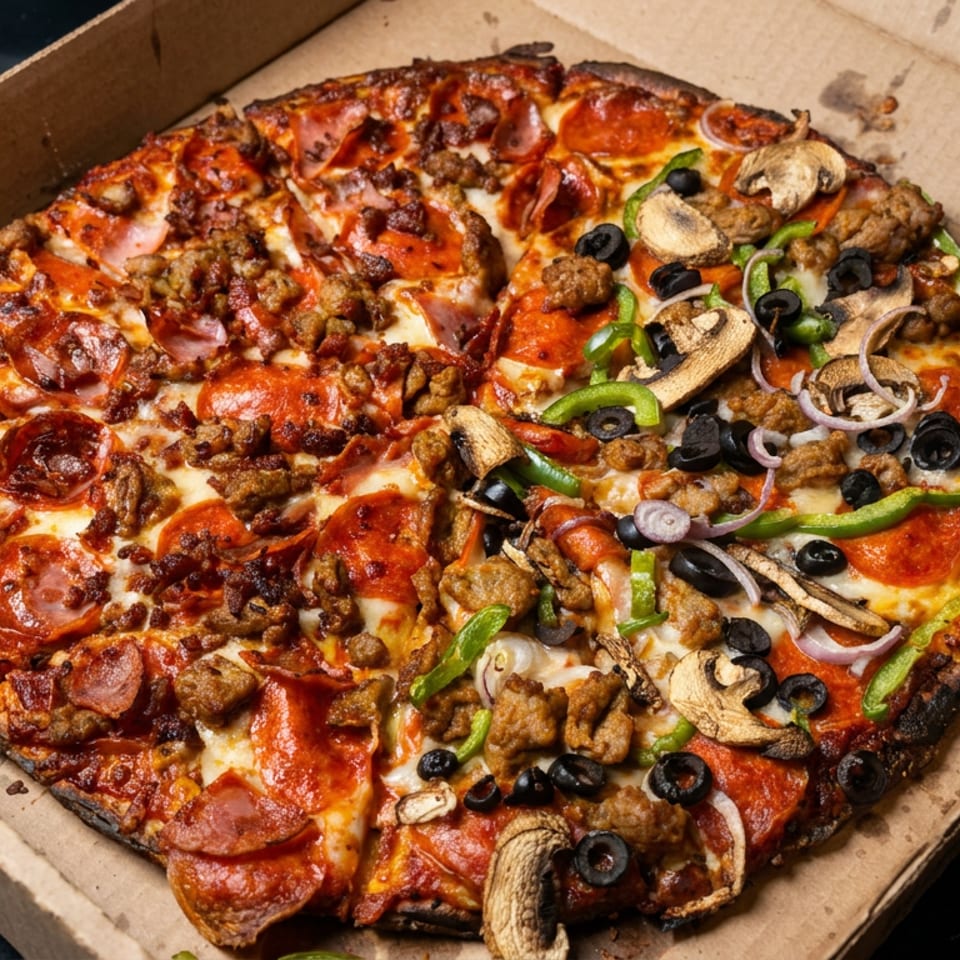 Large half-and-half pizza in a cardboard box, topped with pepperoni, sausage, ham, mushrooms, olives, peppers, and onions.